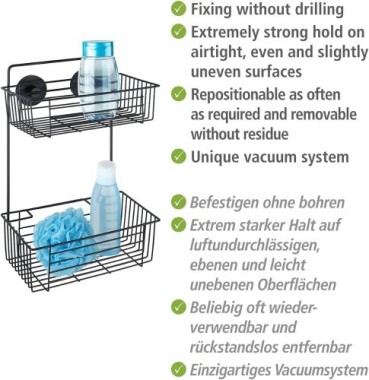Preview: WENKO Vacuum-Loc® Wandregal 2 Etagen Mod. Bari Schwarz Wandablage, Befestigen ohne bohren, 24734100