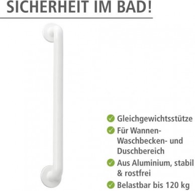 WENKO Wandhaltegriff Secura Weiß - Bad-Sicherheitsgriff für Badewanne oder WC, Aluminium, 64.5 x 7 x 8 cm, Weiß 17933100