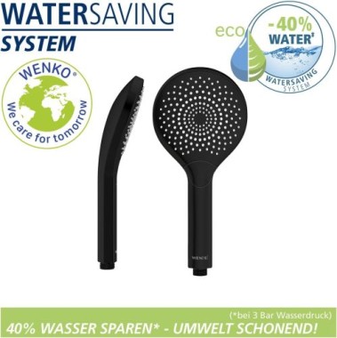 WENKO Wasserspar Duschkopf Watersaving, Handbrause mit Wasserspar-System, 3 Strahlarten, Ø 12 cm, ABS, Schwarz matt 24925100