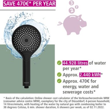 WENKO Wasserspar Duschkopf Watersaving, Handbrause mit Wasserspar-System, 3 Strahlarten, Ø 12 cm, ABS, Schwarz matt 24925100