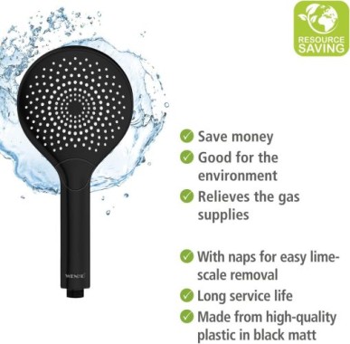 WENKO Wasserspar Duschkopf Watersaving, Handbrause mit Wasserspar-System, 3 Strahlarten, Ø 12 cm, ABS, Schwarz matt 24925100