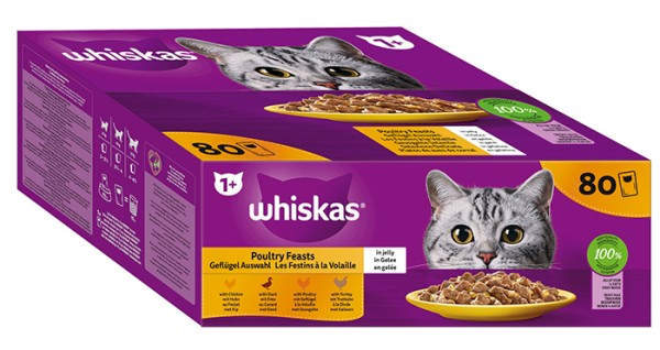 whiskas Katzenfutter Nassfutter Adult 1+ Geflügelauswahl in Gelee, 80 x 85g Mega Pack 443791