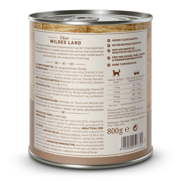 Wildes Land Classic Adult, Nassfutter, Truthahn mit Süßkartoffel, 800g Dose, WL511123