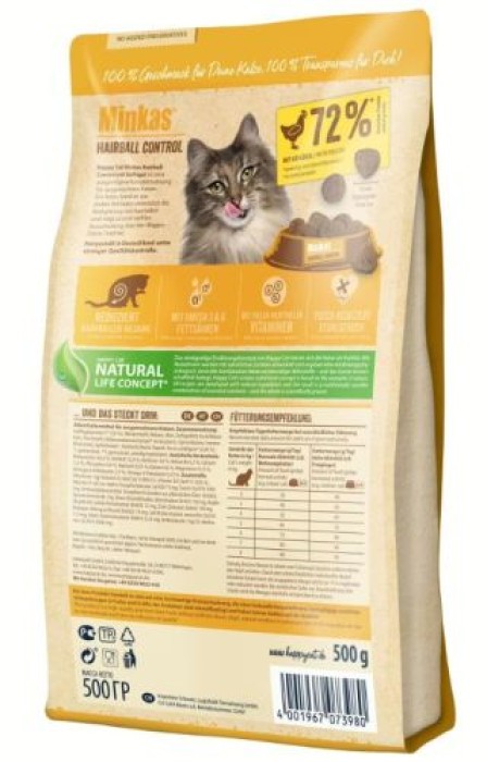 Happy Cat Minkas Hairball Control Geflügel – Trockenfutter für ausgewachsene Katzen, 500 g, 171042