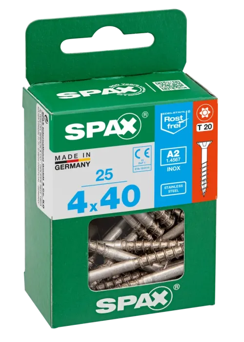 SPAX Edelstahlschraube, 4 x 40 mm, 25 Stück, Teilgewinde, Senkkopf, T-STAR plus T20, 4CUT, Edelstahl rostfrei A2, 4197000400402 4