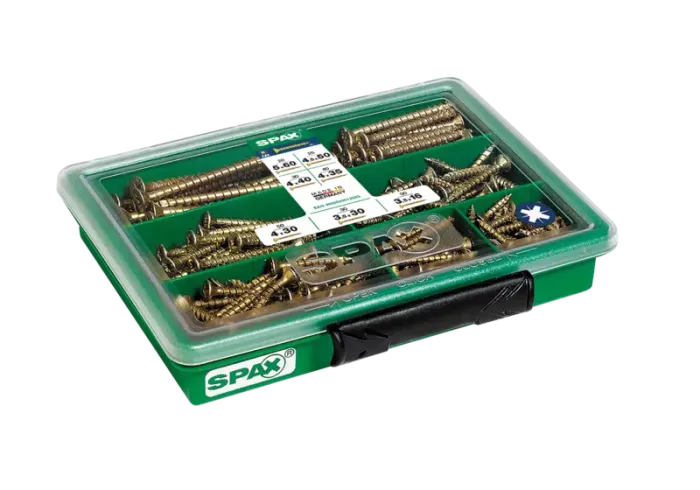 SPAX Sortiment klein, Schrauben-Set mit 7 Abmessungen, 245 Stück, Senkkopf, Kreuzschlitz Z, YELLOX, 4000001991039 4