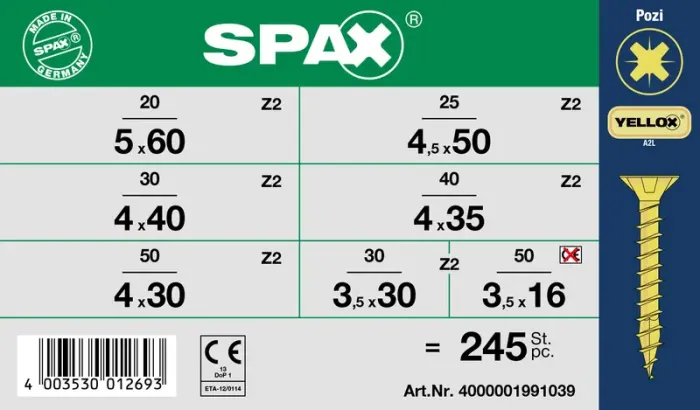 SPAX Sortiment klein, Schrauben-Set mit 7 Abmessungen, 245 Stück, Senkkopf, Kreuzschlitz Z, YELLOX, 4000001991039 5