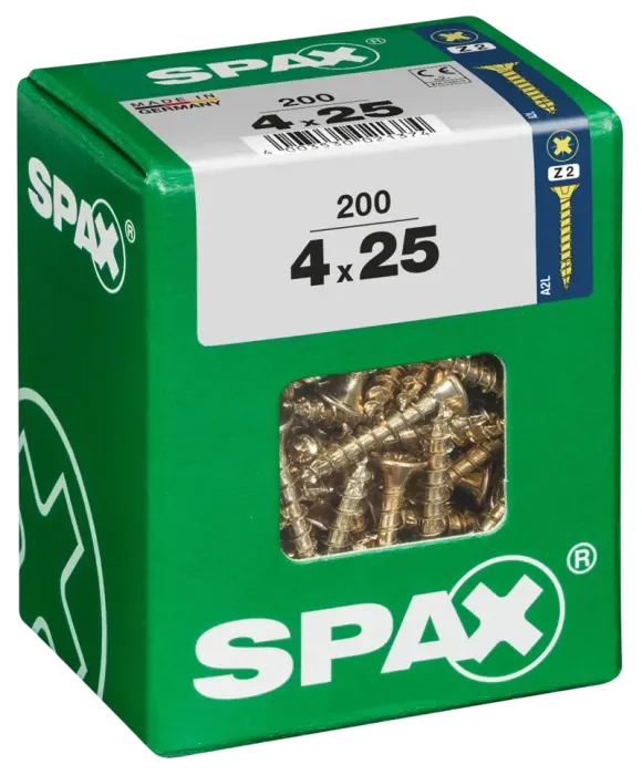SPAX Universalschraube, 4 x 25 mm, 200 Stück, Vollgewinde, Senkkopf, Kreuzschlitz Z2, 4CUT, YELLOX, 4081020400257 4