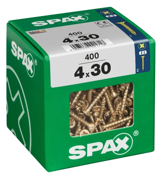 SPAX Universalschraube, 4 x 30 mm, 400 Stück, Vollgewinde, Senkkopf, Kreuzschlitz Z2, 4CUT, YELLOX, 4081020400308 4