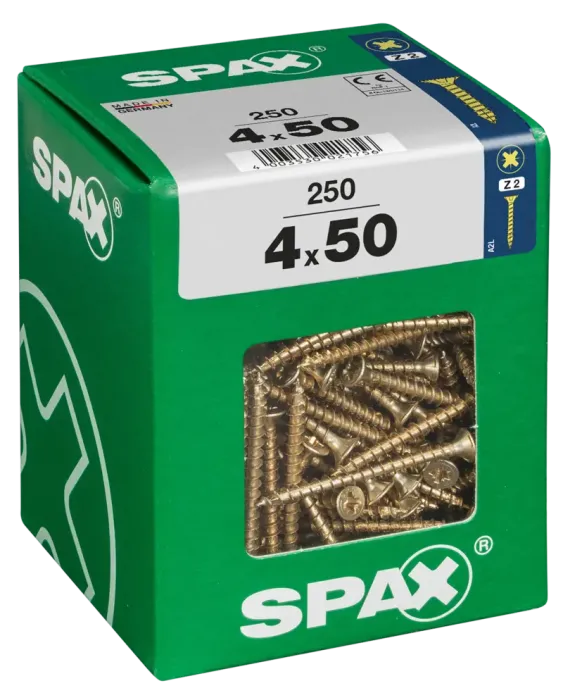 SPAX Universalschraube, 4 x 50 mm, 250 Stück, Vollgewinde, Senkkopf, Kreuzschlitz Z2, 4CUT, YELLOX, 4081020400508 4
