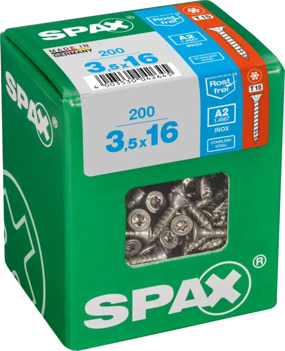 SPAX Edelstahlschraube, 3,5 x 16 mm, 200 Stück, Vollgewinde, Senkkopf, T-STAR plus T15, 4CUT, Edelstahl rostfrei A2, 4197000350167 3