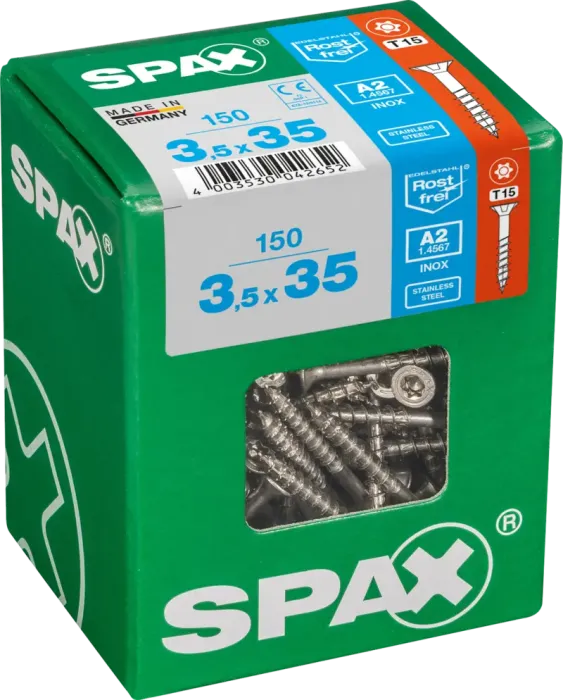 SPAX Edelstahlschraube, 3,5 x 35 mm, 150 Stück, Teilgewinde, Senkkopf, T-STAR plus T15, 4CUT, Edelstahl rostfrei A2, 4197000350357 4