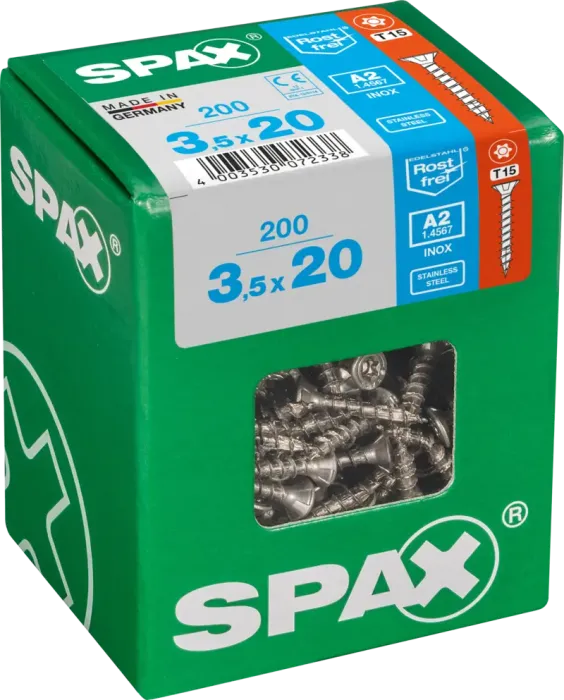 SPAX Edelstahlschraube, 3,5 x 20 mm, 200 Stück, Vollgewinde, Senkkopf, T-STAR plus T15, 4CUT, Edelstahl rostfrei A2, 4197000350207 4