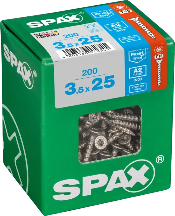 SPAX Edelstahlschraube, 3,5 x 25 mm, 200 Stück, Vollgewinde, Senkkopf, T-STAR plus T15, 4CUT, Edelstahl rostfrei A2, 4197000350257 3