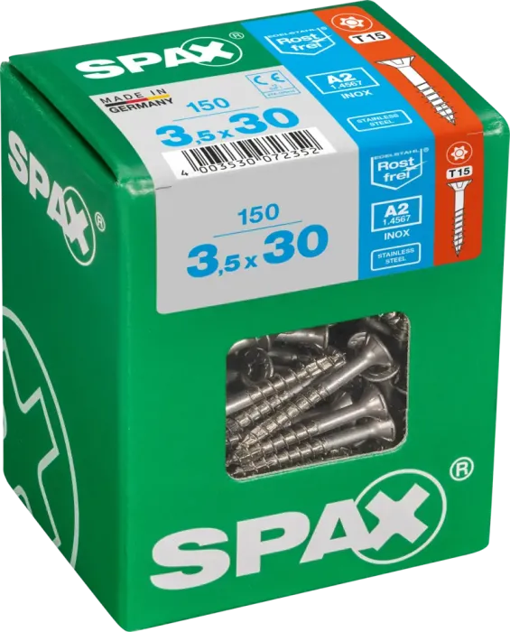 SPAX Edelstahlschraube, 3,5 x 30 mm, 150 Stück, Teilgewinde, Senkkopf, T-STAR plus T15, 4CUT, Edelstahl rostfrei A2, 4197000350307 4