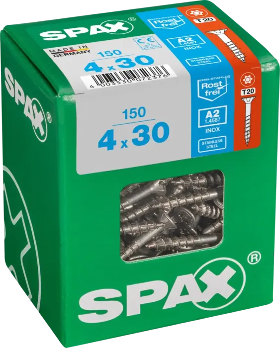 SPAX Edelstahlschraube, 4 x 30 mm, 150 Stück, Teilgewinde, Senkkopf, T-STAR plus T20, 4CUT, Edelstahl rostfrei A2, 4197000400307 4