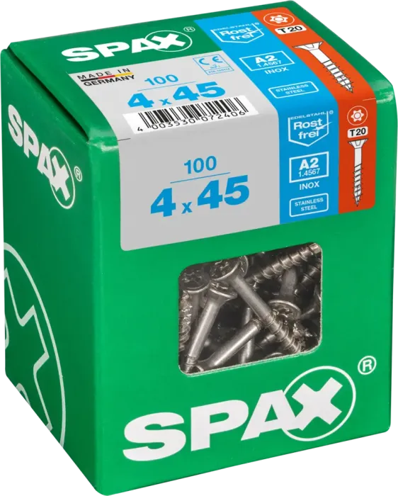 SPAX Edelstahlschraube, 4 x 45 mm, 100 Stück, Teilgewinde, Senkkopf, T-STAR plus T20, 4CUT, Edelstahl rostfrei A2, 4197000400457 4