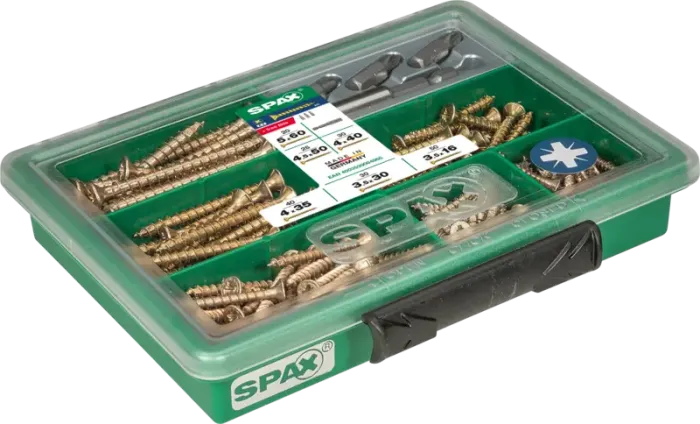 SPAX Sortiment klein, Schrauben-Set mit 7 Abmessungen + BITs, 199 Stück, Senkkopf, Kreuzschlitz Z, YELLOX, 4000001991129 1