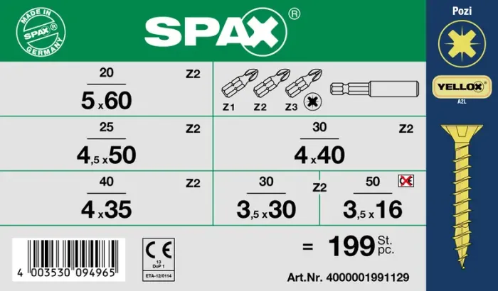 SPAX Sortiment klein, Schrauben-Set mit 7 Abmessungen + BITs, 199 Stück, Senkkopf, Kreuzschlitz Z, YELLOX, 4000001991129 2