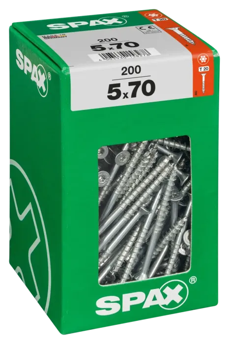 SPAX Universalschraube, 5 x 70 mm, 200 Stück, Teilgewinde, Senkkopf, T-STAR plus T20, 4CUT, WIROX, 4191010500706 4