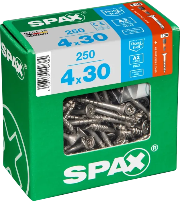 SPAX Edelstahlschraube, 4 x 30 mm, 250 Stück, Teilgewinde, Senkkopf, T-STAR plus T20, 4CUT, Edelstahl rostfrei A2, 4197000400306 3