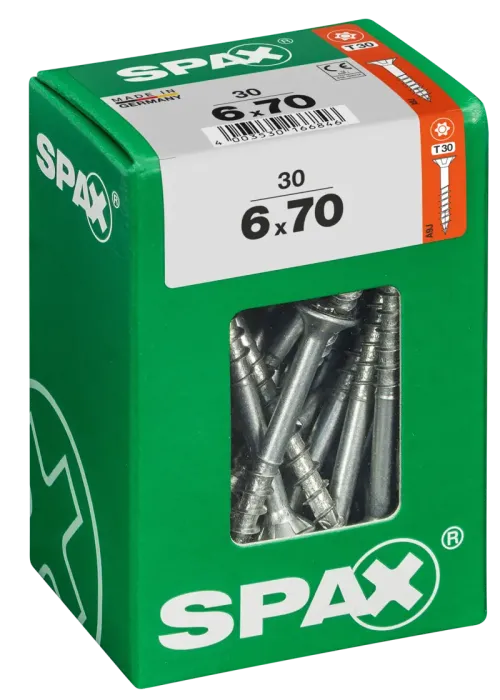SPAX Universalschraube, 6 x 70 mm, 30 Stück, Teilgewinde, Senkkopf, T-STAR plus T30, 4CUT, WIROX, 4191010600707 2