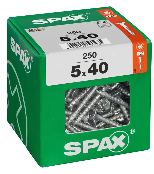 SPAX Universalschraube, 5 x 40 mm, 250 Stück, Teilgewinde, Senkkopf, T-STAR plus T20, 4CUT, WIROX, 4191010500406 4