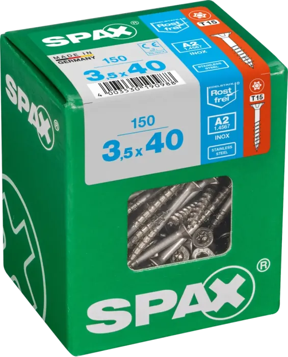 SPAX Edelstahlschraube, 3,5 x 40 mm, 150 Stück, Teilgewinde, Senkkopf, T-STAR plus T15, 4CUT, Edelstahl rostfrei A2, 4197000350407 3