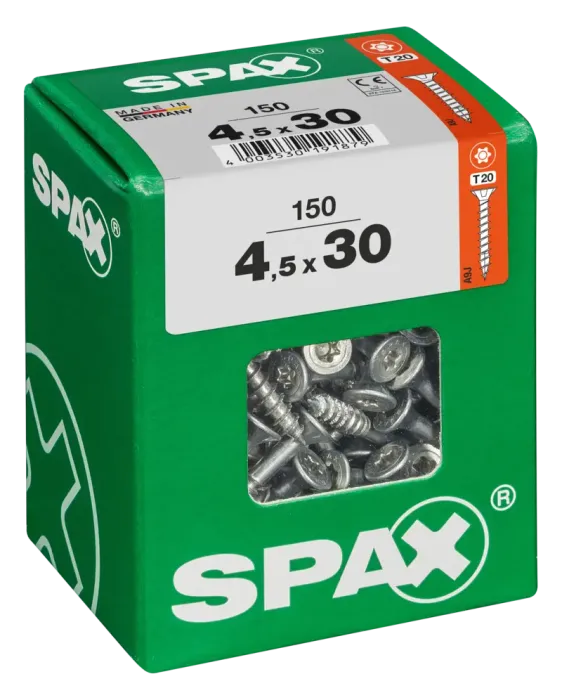 SPAX Universalschraube, 4,5 x 30 mm, 150 Stück, Teilgewinde, Senkkopf, T-STAR plus T20, 4CUT, WIROX - 4191010450307 4
