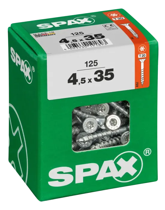 SPAX Universalschraube, 4,5 x 35 mm, 125 Stück, Teilgewinde, Senkkopf, T-STAR plus T20, 4CUT, WIROX, 4191010450357 1