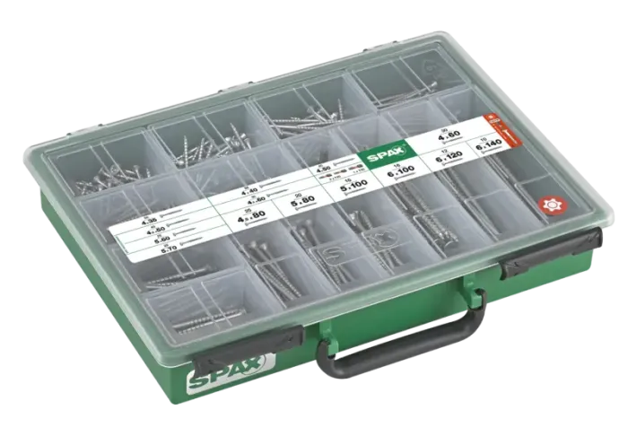 SPAX Sortiment Koffer, Schrauben-Set mit 14 Abmessungen, 387 Stück, Senkkopf, T-STAR plus, WIROX, 4000001991169 1