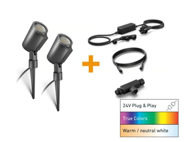Steinel Spot Garden C 24V Starter-Set, inkl. 2x LED-Gartenstrahler mit Erdspieß und Zubehör, App-Steuerung, Ohne Sensor, 093907