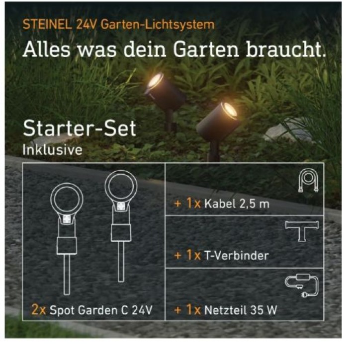 Steinel Spot Garden C 24V Starter-Set, inkl. 2x LED-Gartenstrahler mit Erdspieß und Zubehör, App-Steuerung, Ohne Sensor, 093907