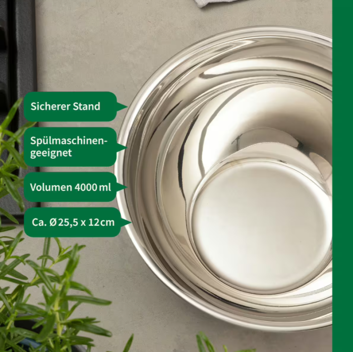 Fackelmann Chefkoch Edelstahlschüssel 4 Liter, spülmaschinengeeignet, 23225