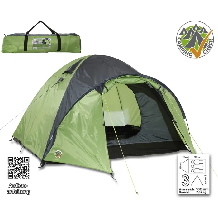 Happy People Doppeldachzelt Iglu für 3 Personen ca. 60+180x205x130 cm, grün/grau, 78929