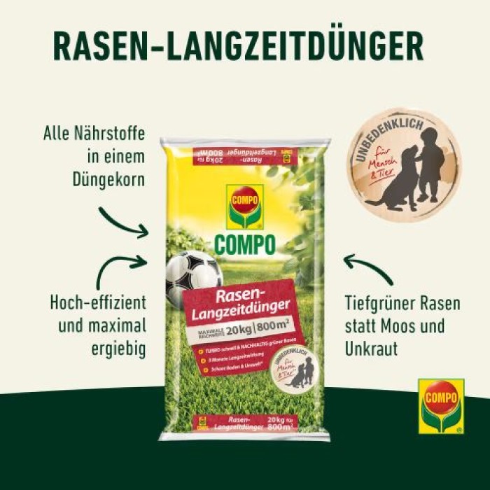 Compo Rasen-Langzeitdünger 20kg für 800m², 3 Monate LZ-Wirkung 26632