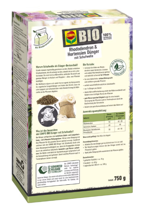 COMPO BIO Rhododendron- und Hortensien Dünger mit Schafwolle, 750g, 26723