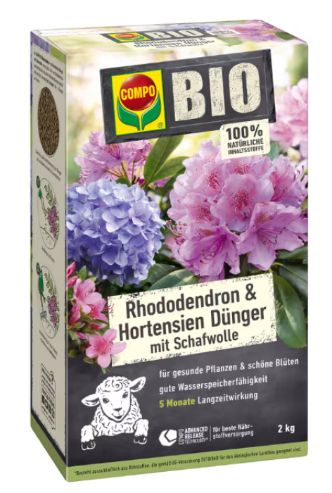 COMPO BIO Rhododendron- und Hortensien Dünger mit Schafwolle, 2 Kg, 26725