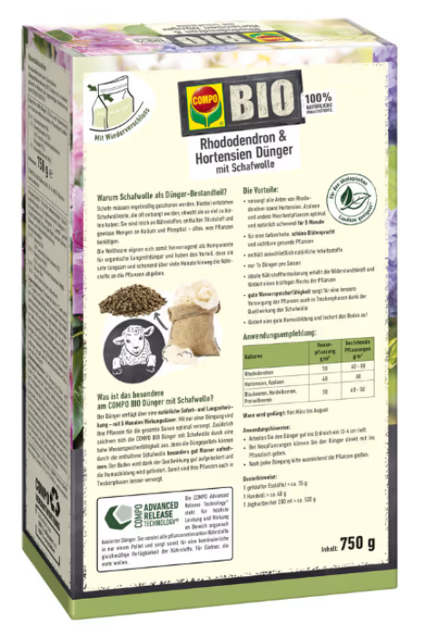 COMPO BIO Rhododendron- und Hortensien Dünger mit Schafwolle, 2 Kg, 26725