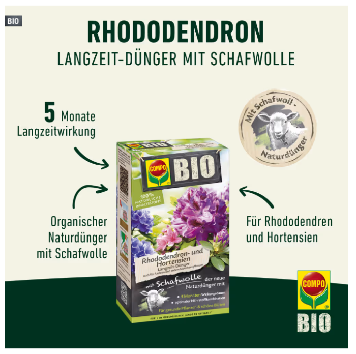 COMPO BIO Rhododendron- und Hortensien Dünger mit Schafwolle, 2 Kg, 26725