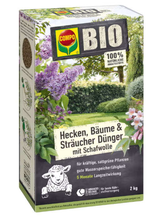 COMPO BIO Hecken, Bäume und Sträucher Dünger mit Schafwolle, 2kg, 26726