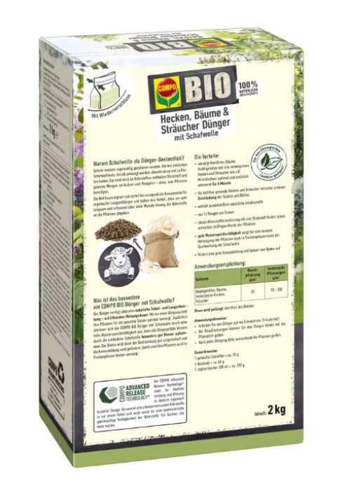 COMPO BIO Hecken, Bäume und Sträucher Dünger mit Schafwolle, 2kg, 26726