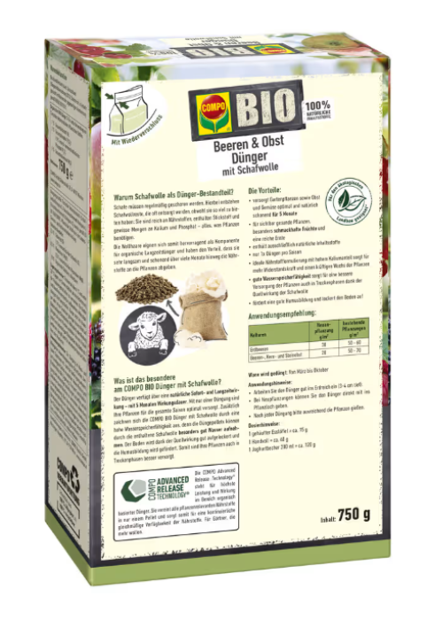COMPO BIO Beeren- und Obst Dünger mit Schafwolle, 2 kg, 26727