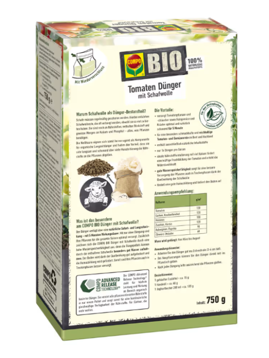 COMPO BIO Tomaten Dünger mit Schafwolle, 750g, 26834