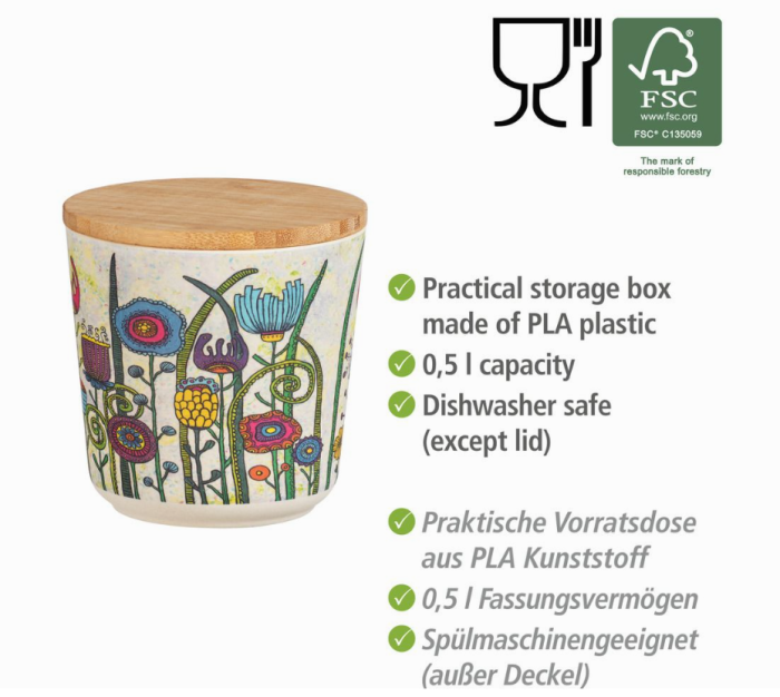 Wenko Aufbewahrungsdose PLA Mod. Flowers 0,5 L Bambusdeckel mit Silikonring zur luftdichten Aufbewahrung, 54206100