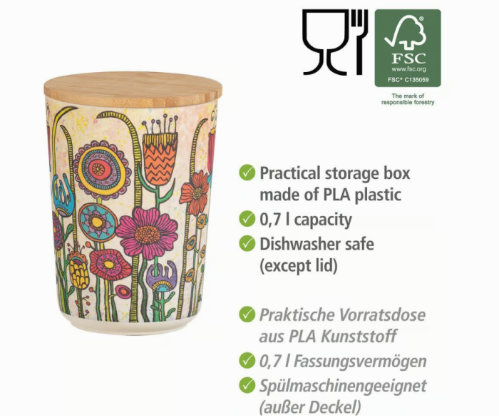 Wenko Aufbewahrungsdose PLA Mod. Flowers 0,7 L Bambusdeckel mit Silikonring zur luftdichten Aufbewahrung, 54207100