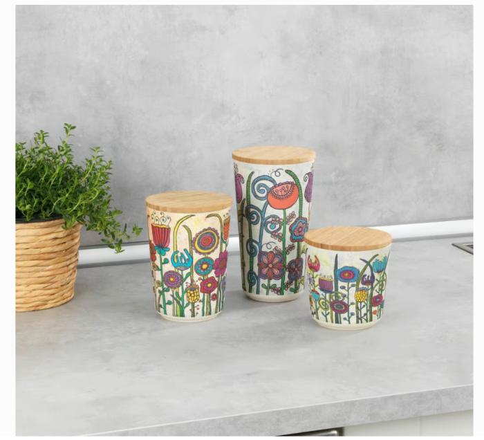 Wenko Aufbewahrungsdose PLA Mod. Flowers 0,7 L Bambusdeckel mit Silikonring zur luftdichten Aufbewahrung, 54207100