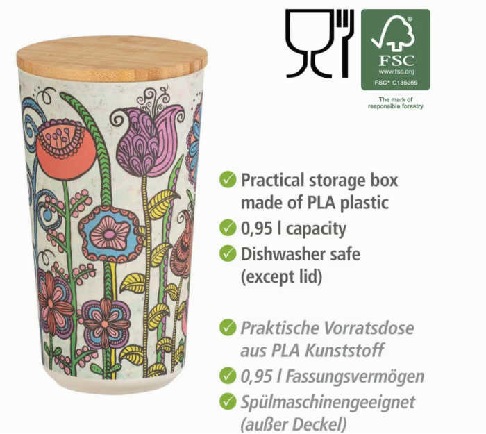 Wenko Aufbewahrungsdose PLA Mod. Flowers 0,95 L Bambusdeckel mit Silikonring zur luftdichten Aufbewahrung, 54208100