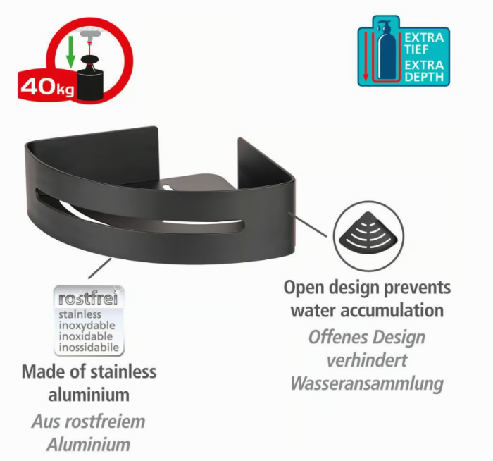 WENKO Turbo-Loc® Eckablage Mod. Bivio Black matt aus Aluminium, 26070100