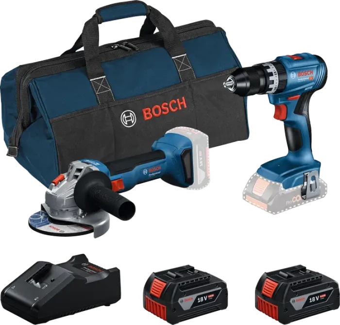 BOSCH Profi Set mit 2 18V-Werkzeugen: GSB 18V-45 + GWS 18V-8 + 2x GBA 4.0 Ah + GAL 18V-40 + Werkzeugtasche, 1510997